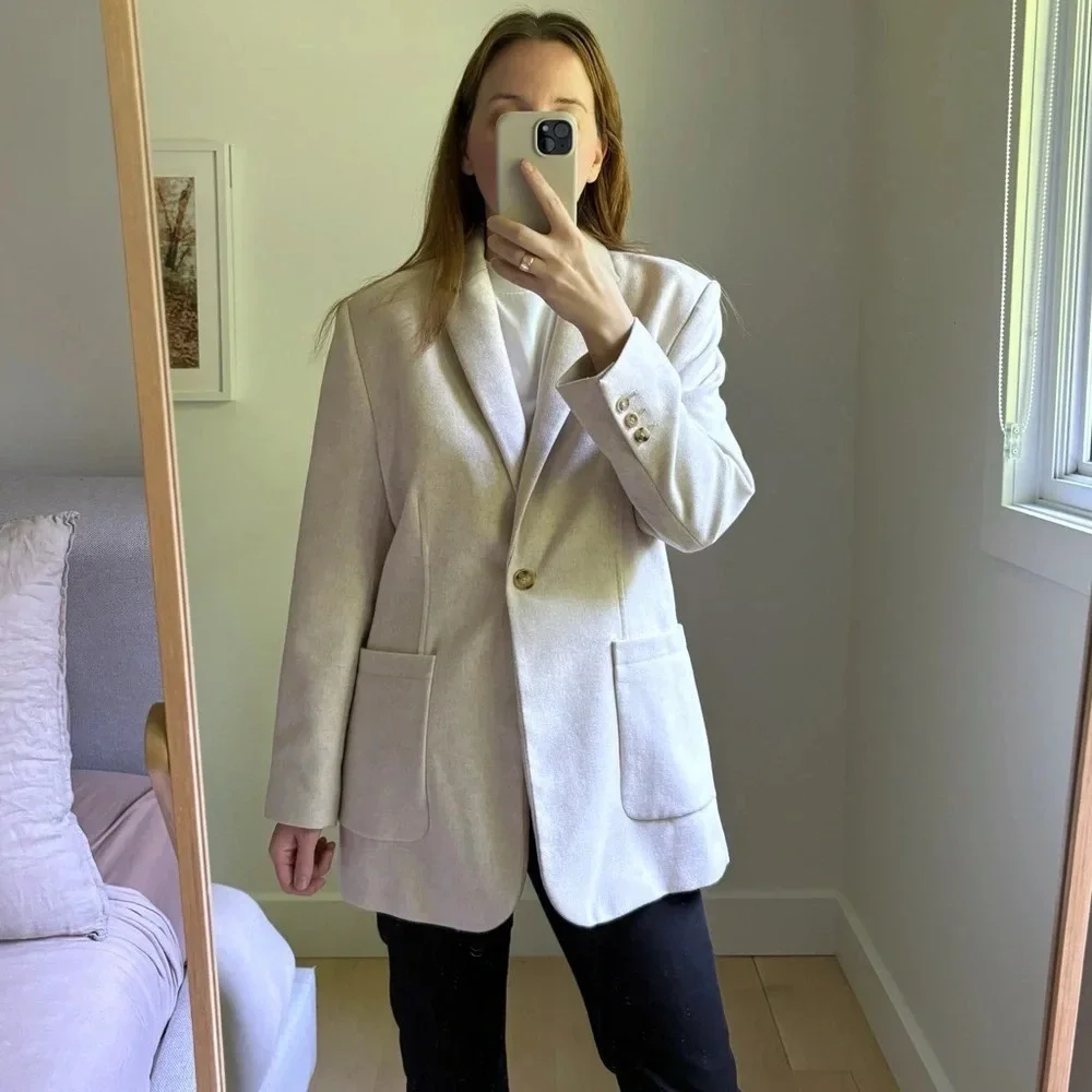 Mango Wool Blend Long Oversized Blazer Light Beige Oatmeal Size M Shoulder  Pads - Picture 3 of 9